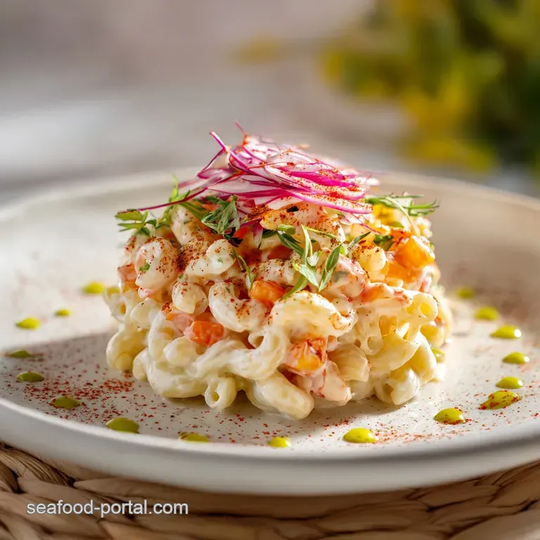 A scoop of chilled macaroni salad with visible chunks of ham and colorful veggies, plated alongside crisp lettuce.