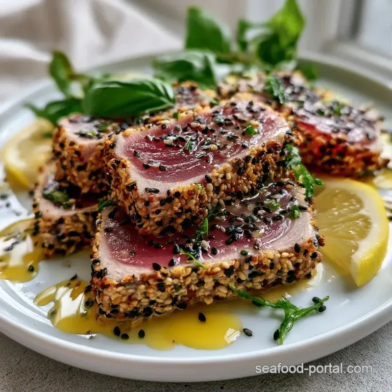 Artfully arranged seared tuna slices on a slate plate, accented by a creamy drizzle and bright microgreen sprouts.