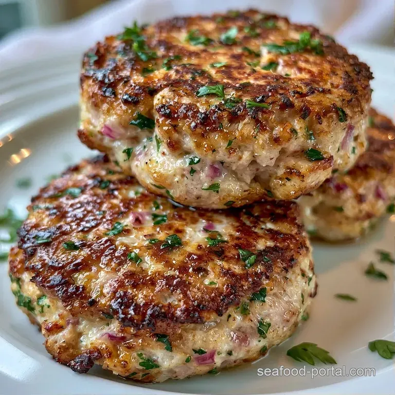 Three seared patties stacked neatly with a dollop of tartare sauce and a sprig of parsley on a modern ceramic dish.
