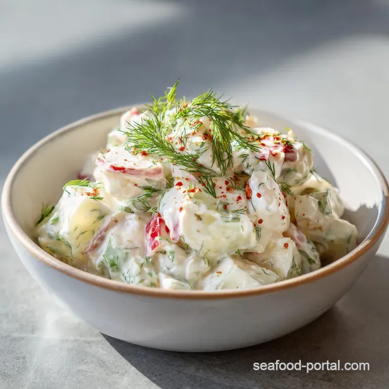 A neat mound of creamy faux crab salad garnished with fresh dill sprigs, served in a ceramic bowl.