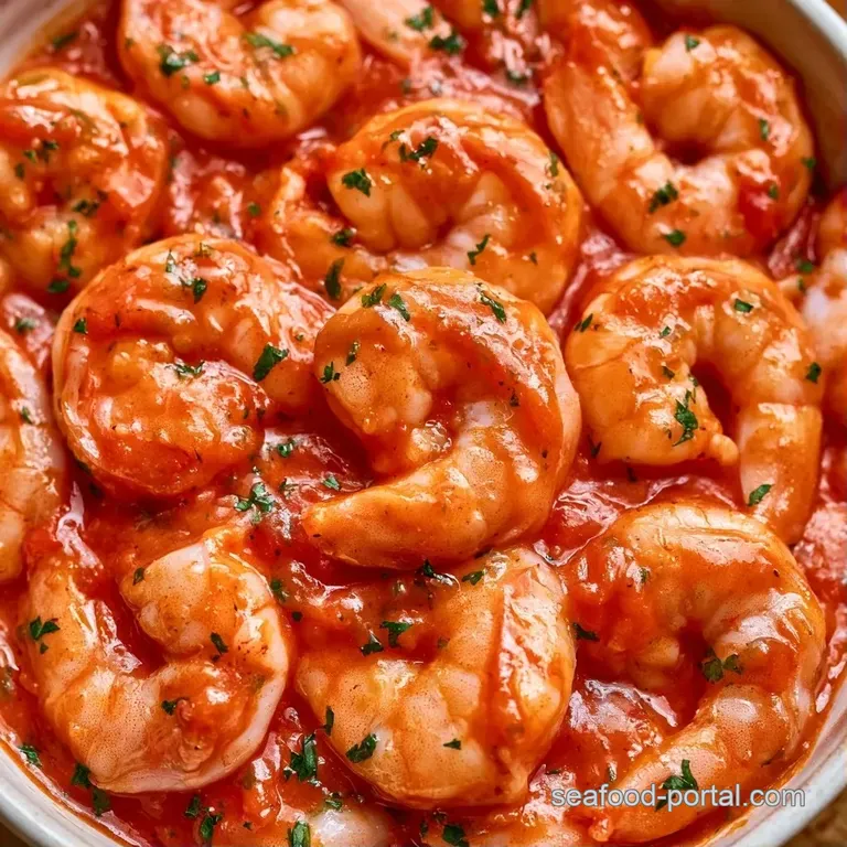 Elegant white plate with succulent shrimp in a deep red sauce, accented by a fresh basil leaf and olive oil.