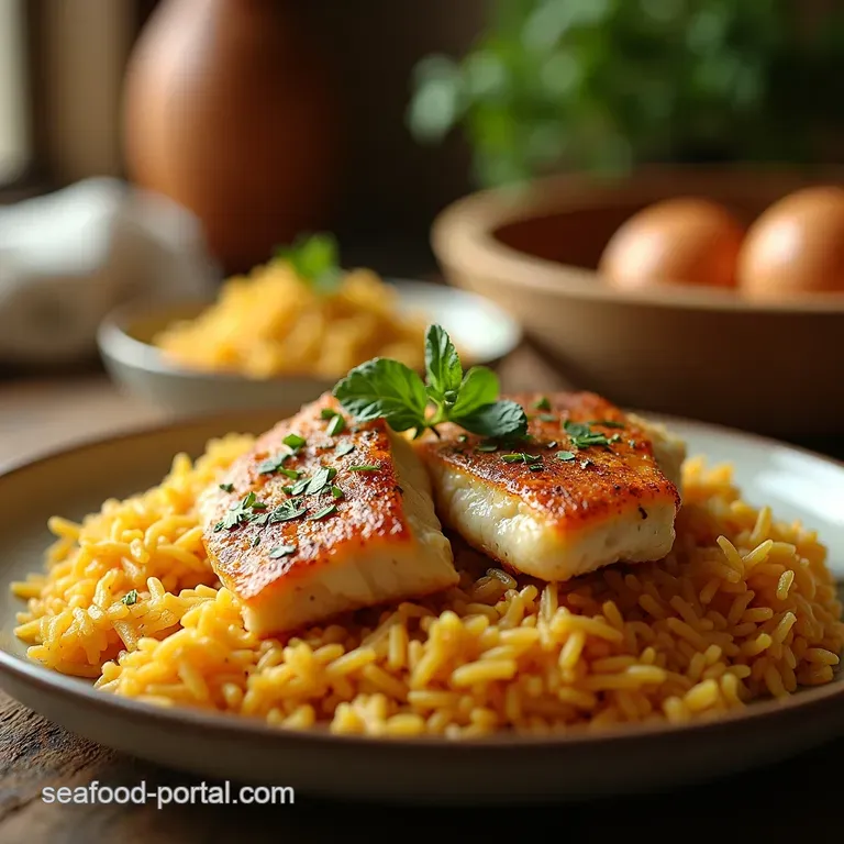 Fish and Rice Pilaf with Toasted Nuts and Crispy Onions presentation