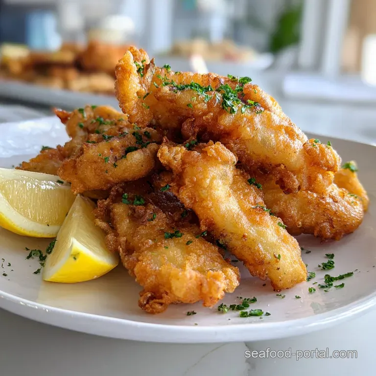 Crispy fried fish fillet, served with vibrant green parsley sprigs and a bright yellow lemon slice, all on a white plate.