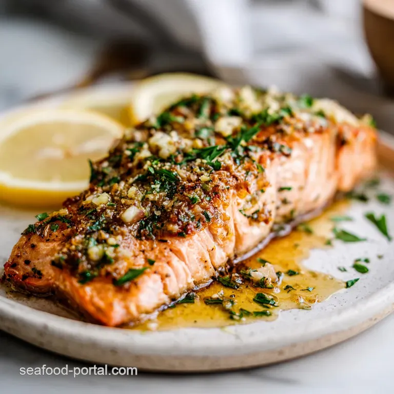 Elegant: single salmon fillet with crisp, browned edges atop bright green asparagus, garnished with lemon and herbs.