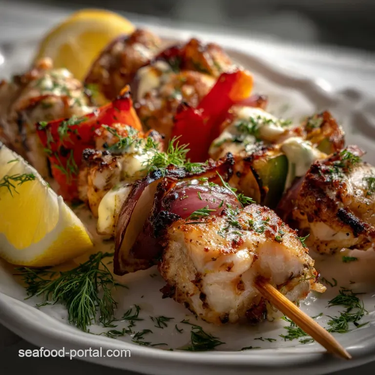 Artfully arranged fish skewers on a white plate, vibrant herbs and lemon wedges adding bursts of color and freshness.
