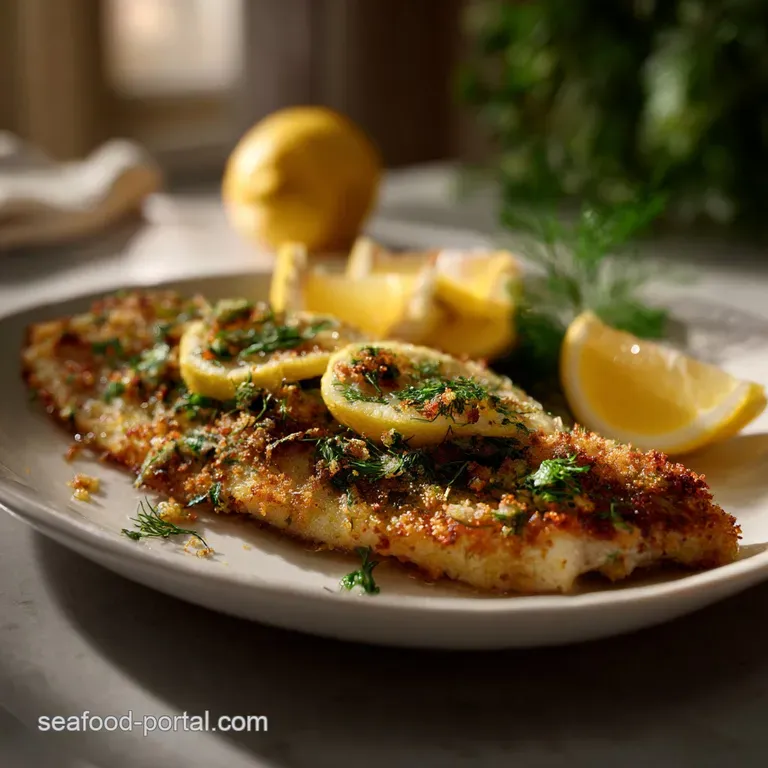 Flounder, expertly plated, showcases flaky white fish alongside toasted breadcrumb crust. Garnished with herbs, a feast fo...