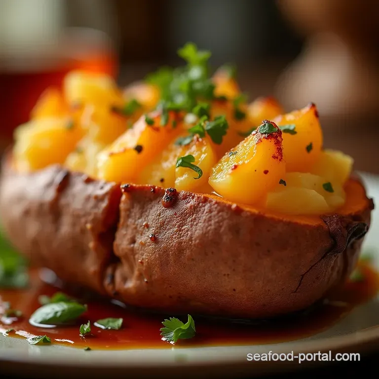 The Ultimate Fluffy Baked Sweet Potato Perfectly Caramelised Skin Creamy Interior presentation