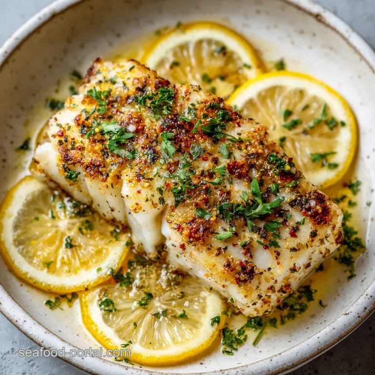 Perfectly baked grouper on a white plate, garnished with bright lemon wedges, vibrant parsley sprigs, and colorful bell pe...