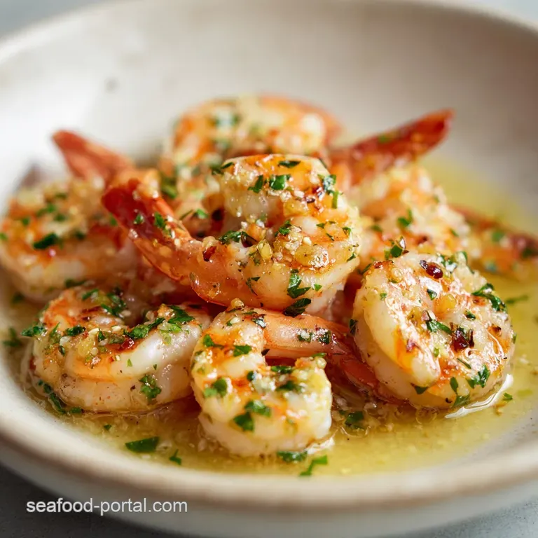 Elegant plate of scampi: glistening shrimp, creamy sauce coating linguine, parsley garnish, lemon wedge on white plate.