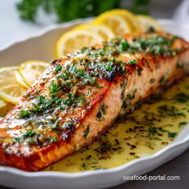 Perfectly seared salmon fillet on a white plate, drizzled with golden butter sauce. Garnished with fresh herbs and a brigh...