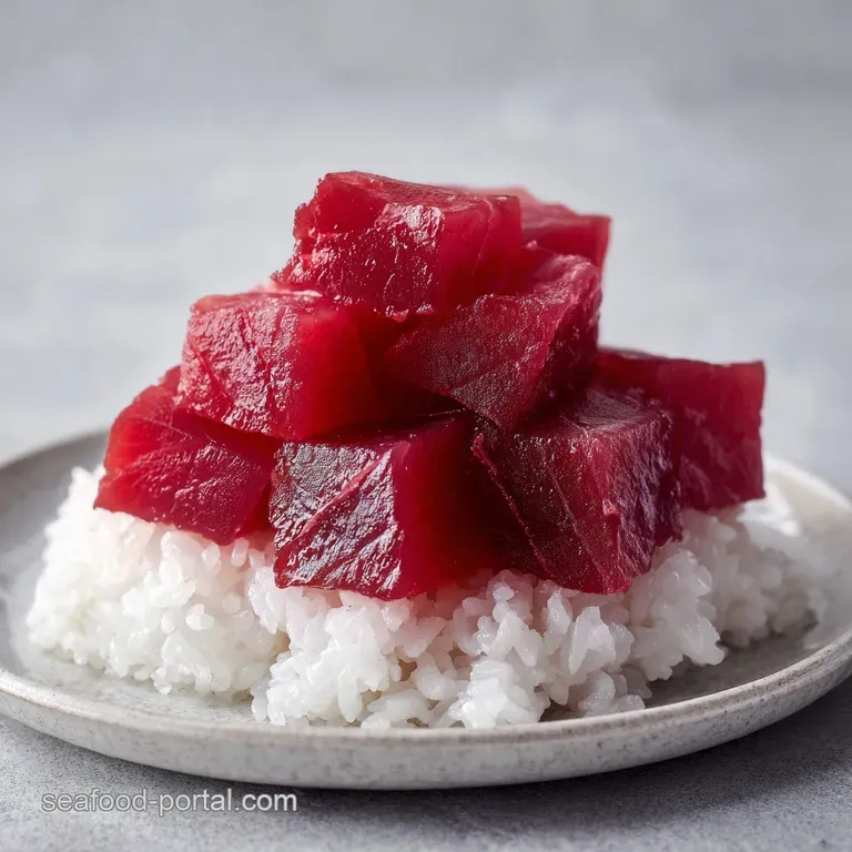 A colorful arrangement of fresh raw fish and crisp vegetables in a dark ceramic bowl on a minimalist wooden table.