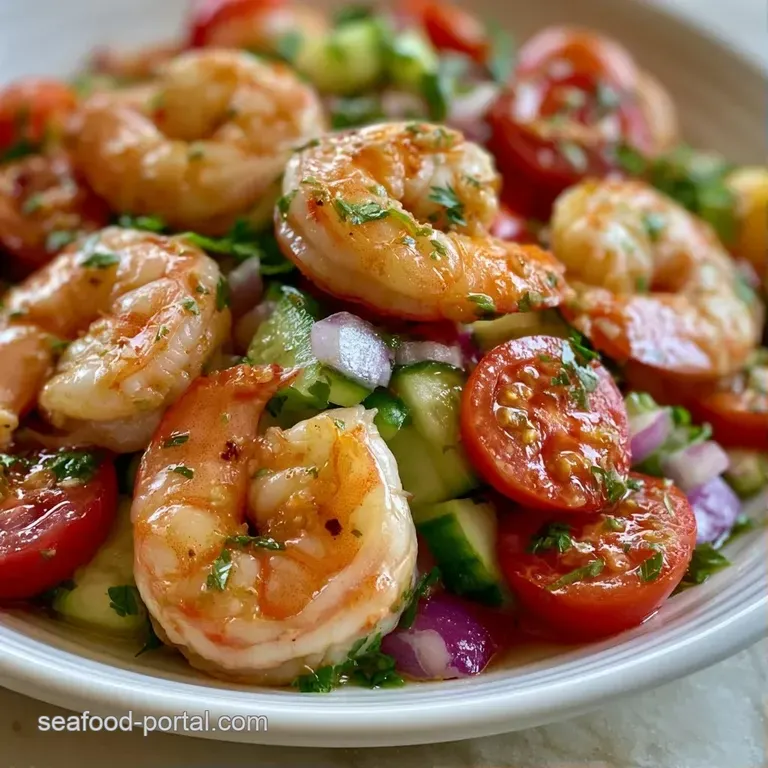A white ceramic bowl filled with chilled shrimp, sliced heirloom tomatoes, and a drizzle of golden olive oil.