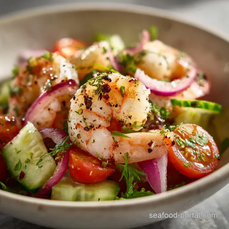 Artfully arranged shrimp salad on a crisp lettuce cup. Herb flecks dot the creamy dressing, hinting at fresh, zesty flavors.