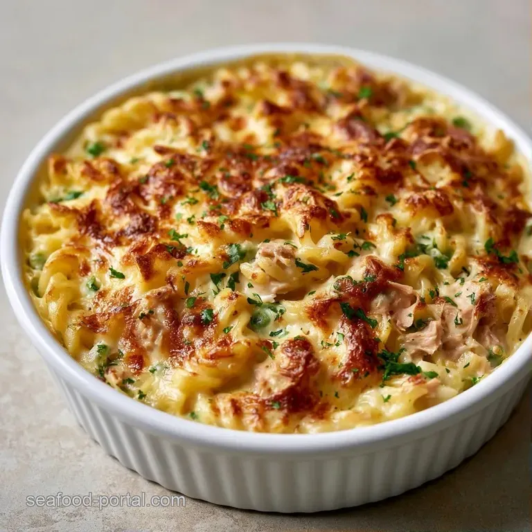 Elegant scoop of creamy tuna pasta with golden toasted breadcrumbs and a fresh parsley sprig on a white plate.