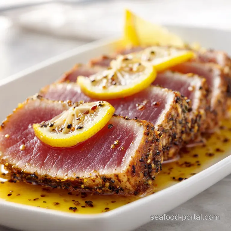Perfectly seared tuna steak, brushed with garlic-lemon, sits atop a bed of bright greens, showcasing golden-brown crust an...