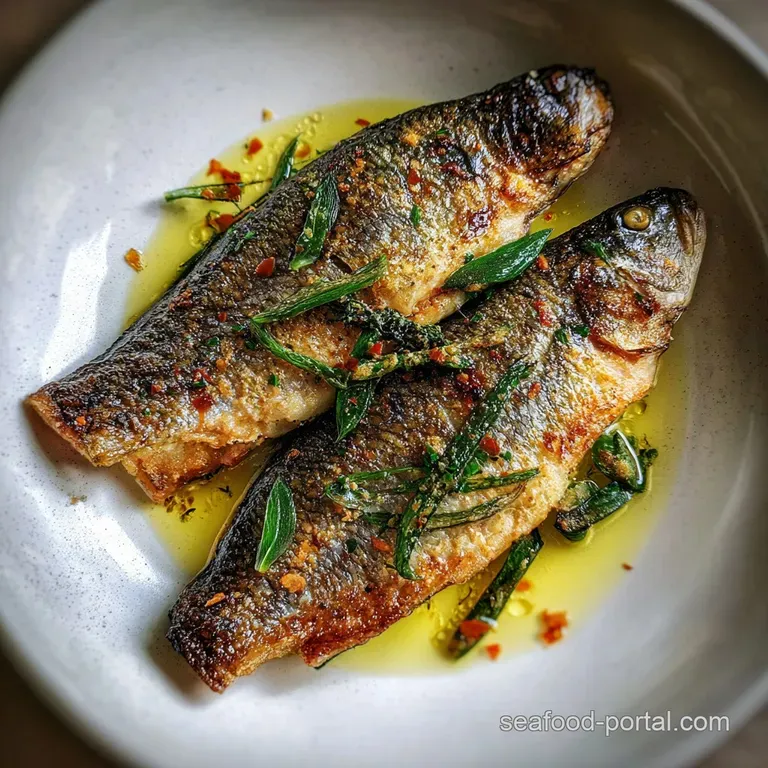 Pan-fried branzino with delicately crisped skin, artfully plated with vibrant greens and a bright lemon wedge. Inviting pr...