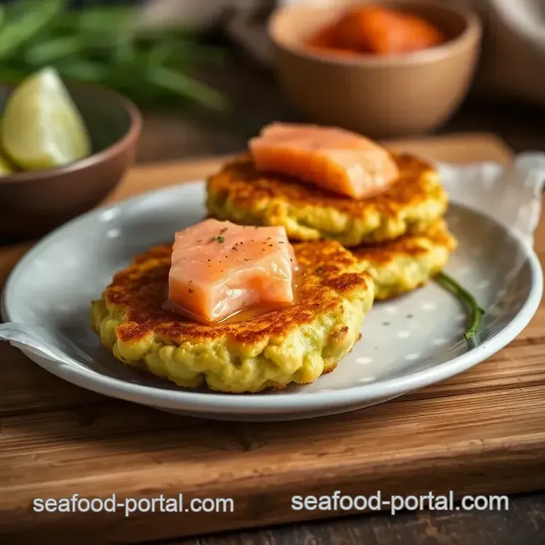 Fried Green Bean Fritters with Salmon presentation