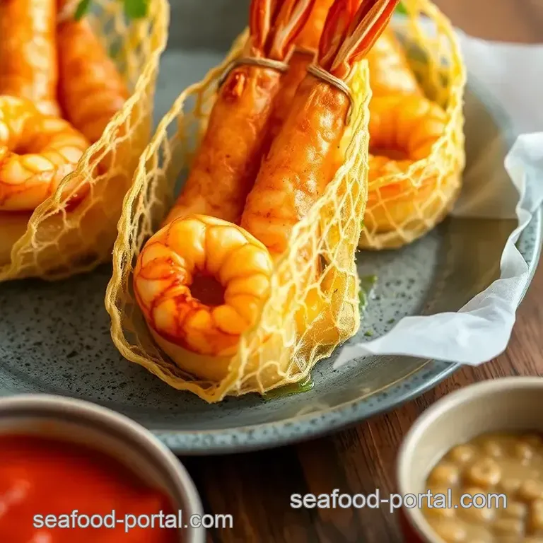 Crispy Prawns Wrapped in Savory Egg Nets presentation