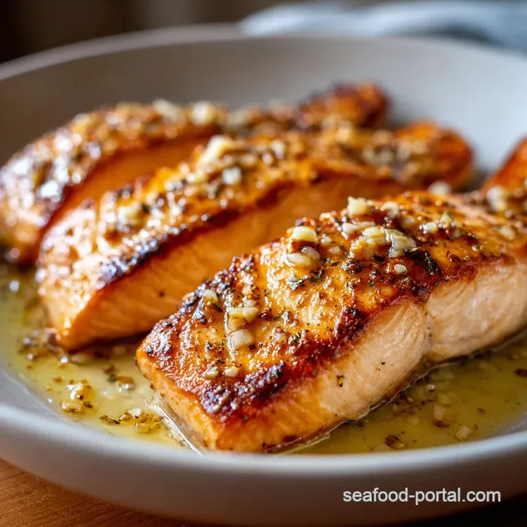 Flaky pink salmon fillet on a white ceramic plate, drizzled with garlic butter and topped with bright green parsley.