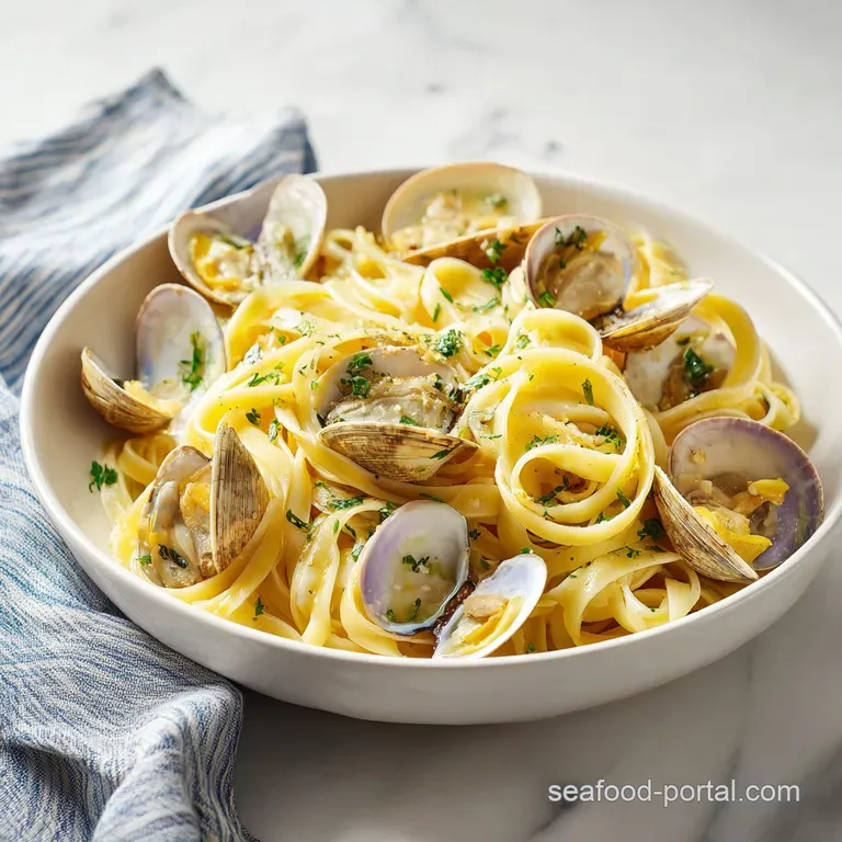 Twirled pasta ribbons topped with open clams and a sprinkle of herbs on a clean, white ceramic dinner plate.