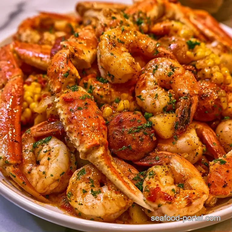 Elegant platter of golden corn halves, shrimp and crab legs, with lemon wedges and pools of melted butter alongside.