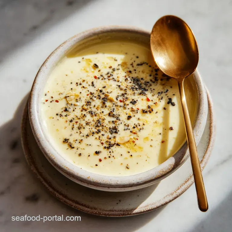 Glossy pale yellow sauce served in a white ceramic ramekin and garnished with a fresh sprig of green parsley.