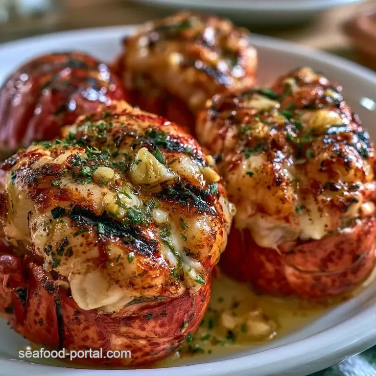Two succulent lobster tails on a slate platter with lemon wedges, melted butter, and a sprig of fresh garden herbs.