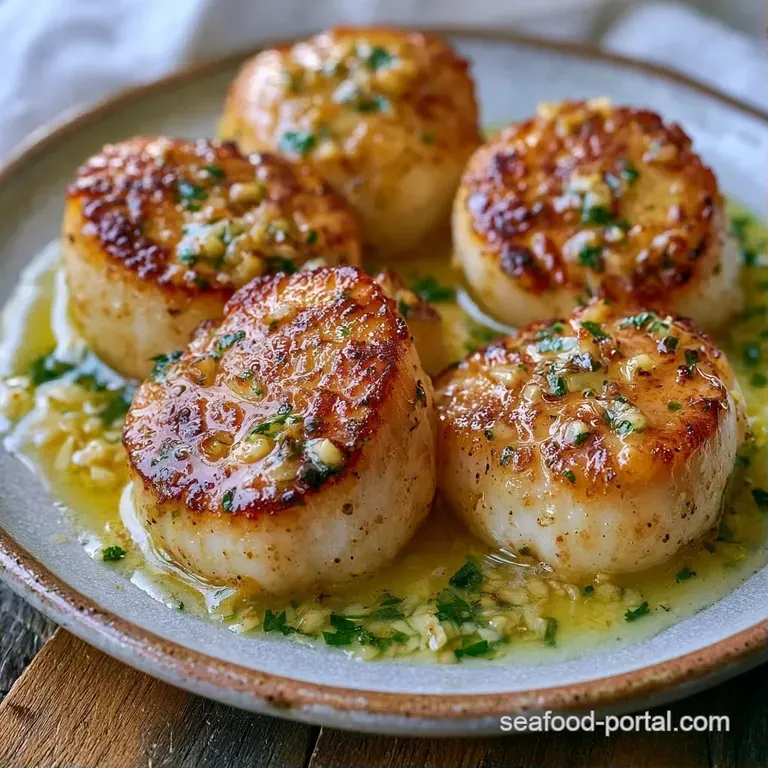 Perfectly seared scallops arranged on a dark slate plate with bright lemon slices and a sprinkle of fresh parsley.