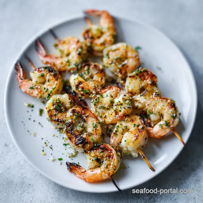 Plump, golden-brown shrimp skewers artfully arranged on a white plate with vibrant green herbs and a lemon slice.