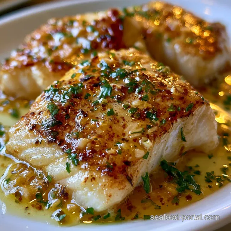 Flaky white fish fillets resting on a white platter with lemon wedges and a sprinkle of chopped herbs.
