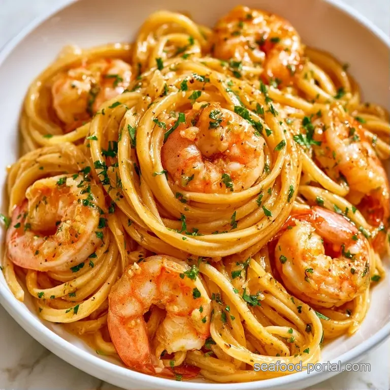 Elegant white bowl of buttery pasta topped with pink langostinos, fresh chopped parsley, and a bright lemon wedge.