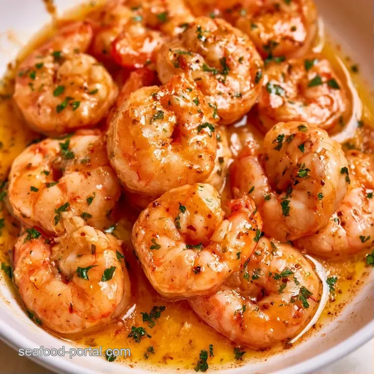 Plump pink seafood tails in a shimmering garlic glaze, served in a white bowl with a side of crusty toasted bread.