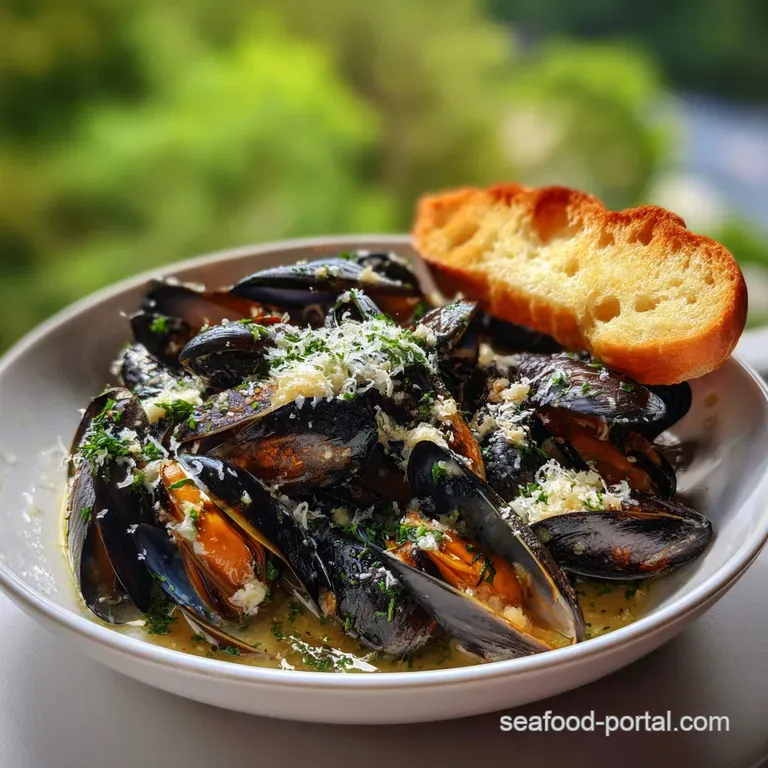 Garlic Butter Mussels with White Wine Parmesan presentation