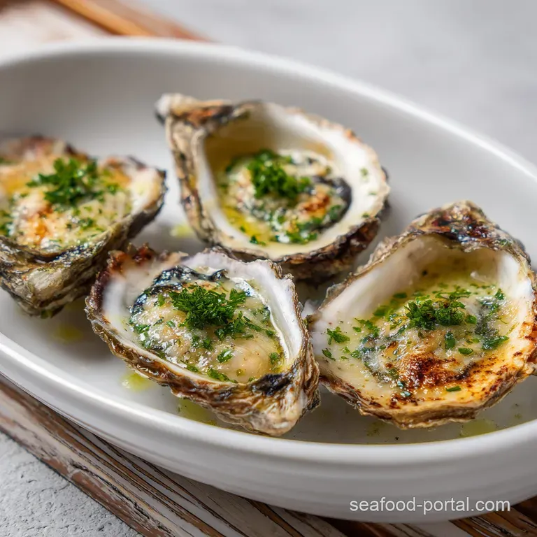Delicately arranged plump oysters in their shells, steaming in a golden garlic butter sauce.