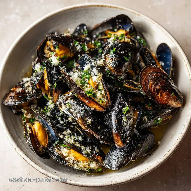 A portion of steamed mussels in a shallow white bowl, bathed in garlic butter sauce, with crusty bread for dipping.