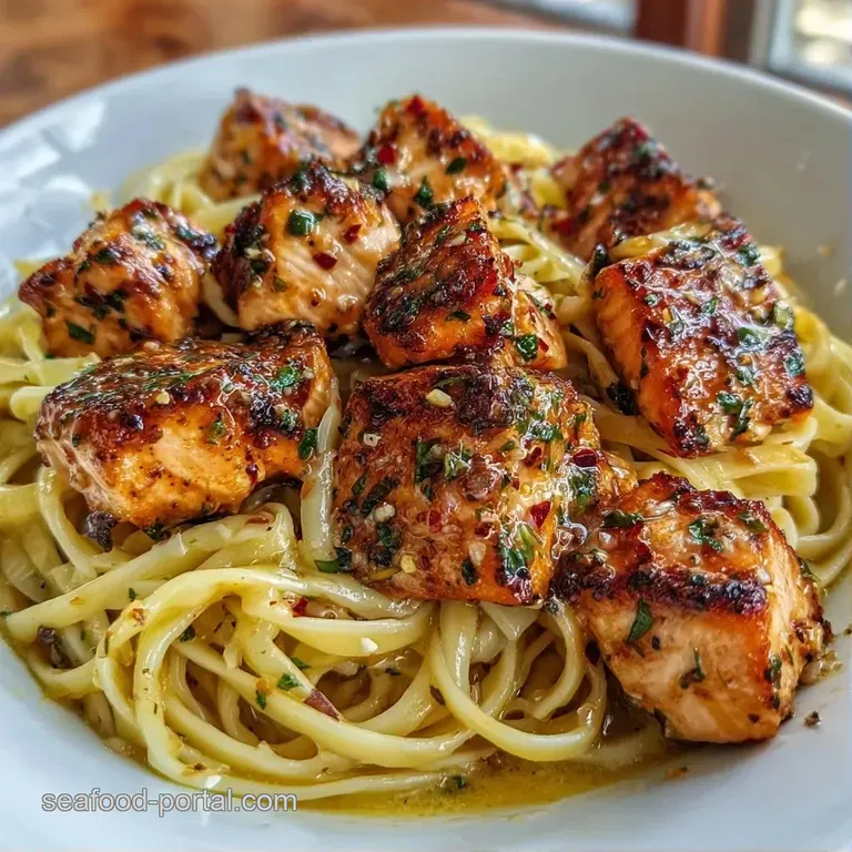 A white ceramic bowl holding tender pink salmon chunks and glossy noodles garnished with a sprinkle of green herbs.