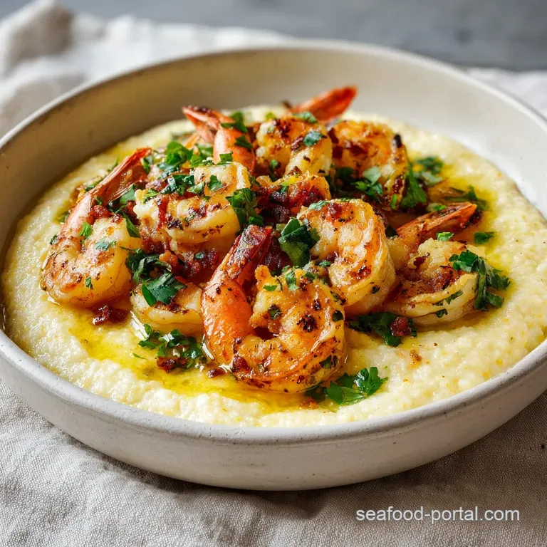 Elevated plate featuring shrimp and grits: the creamy grits pool around juicy shrimp, drizzled with golden garlic butter s...