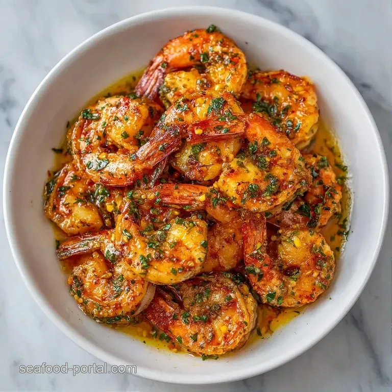A ceramic bowl of saut&eacute;ed shrimp and garlic on a wooden table, garnished with a bright yellow lemon wedge.