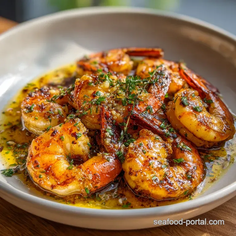 A small plate with plump shrimp glistening with butter, garlic and chopped parsley. Served with lemon wedges.
