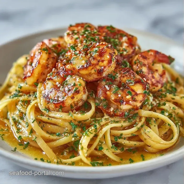 Glossy noodles twirled in a white ceramic bowl, topped with seared shrimp and a sprinkle of fresh green parsley.