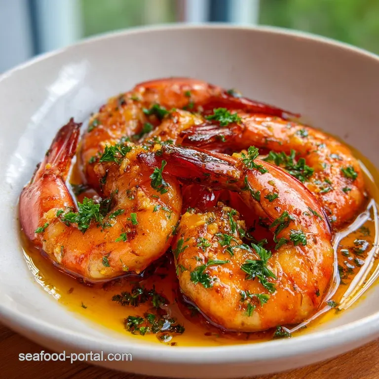 Plump pink shrimp glazed in melted butter, served on a white plate with a bright lemon wedge and fresh herb garnish