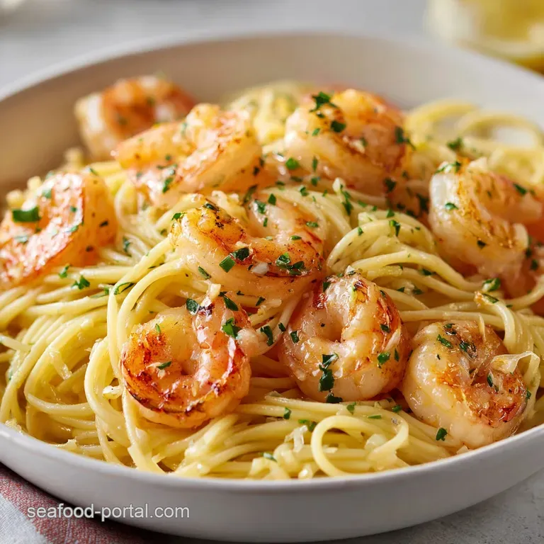 Twirled pasta topped with saut&eacute;ed shrimp, fresh parsley, and a lemon wedge on a matte black ceramic dinner plate.