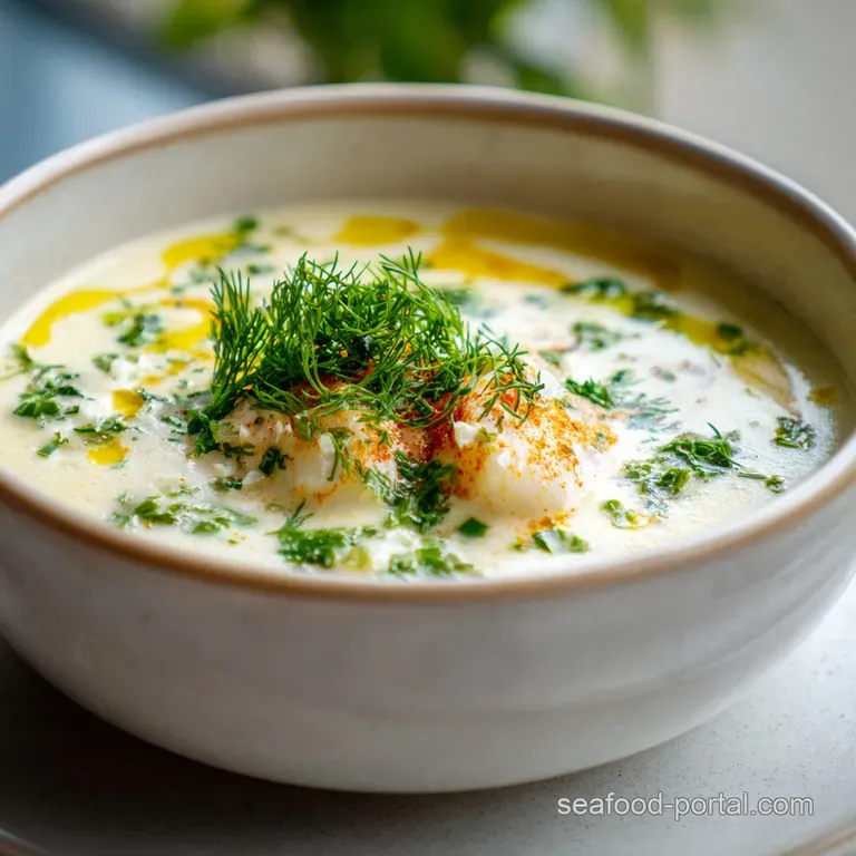 Elegant serving of herbed fish soup with crusty bread. Glistening broth with visible chunks of fish and herbs. Steaming hot.