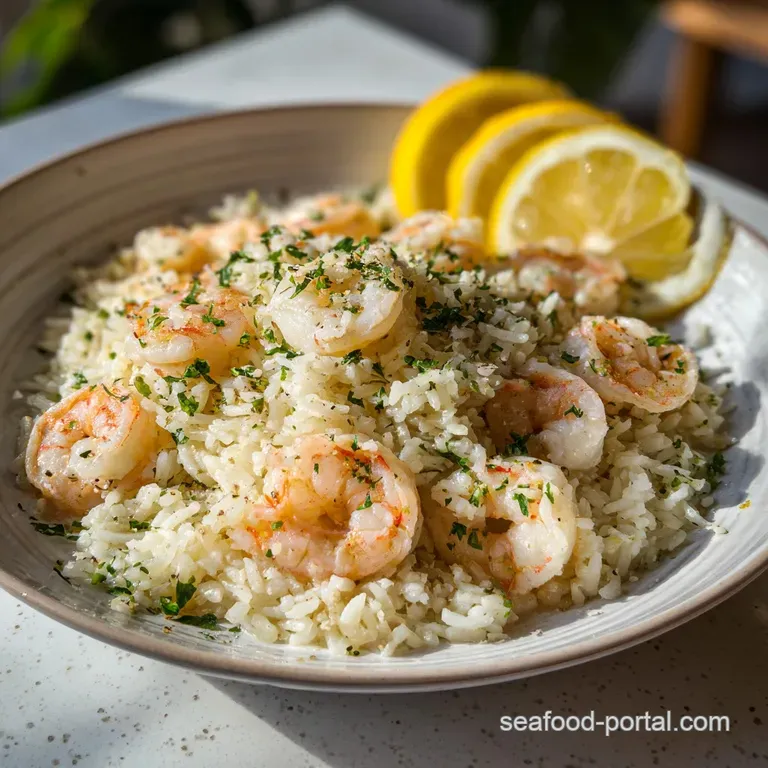 A generous portion of glistening shrimp and rice artfully arranged on a white plate, garnished with fresh parsley.