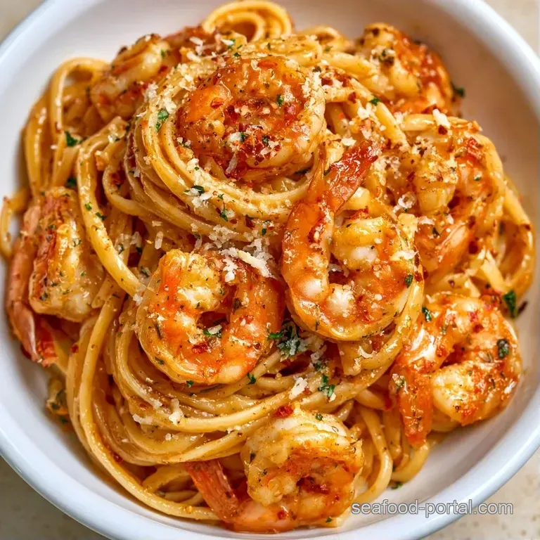 Elegant swirl of pasta topped with seared shrimp, a dusting of white parmesan, and bright chopped parsley.