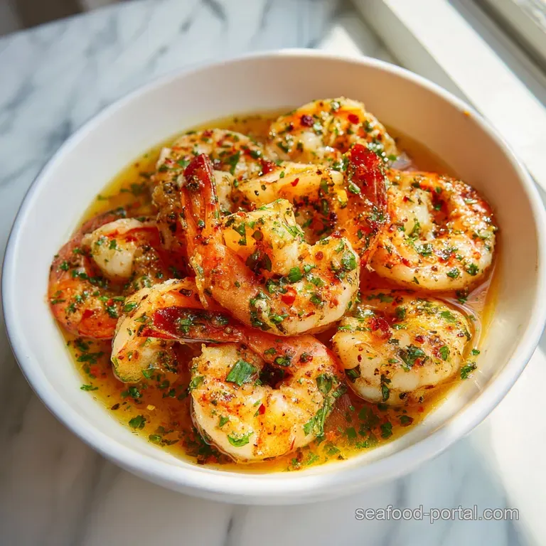 A generous serving of glistening, butter-sauced shrimp artfully arranged in a white bowl with a sprinkle of herbs.