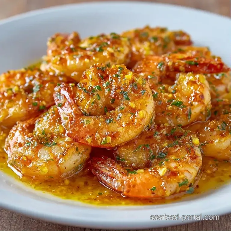 Saut&eacute;ed shrimp curled on a white plate, drizzled with lemon butter and garnished with bright green parsley.