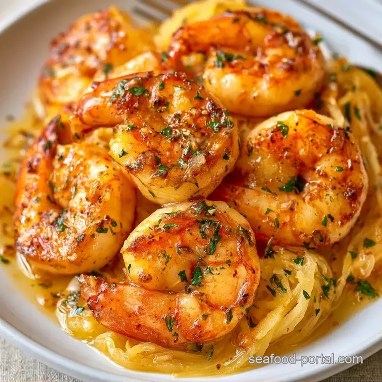 Elegant bowl of golden squash strands topped with seared shrimp, fresh parsley, and a bright yellow lemon wedge.