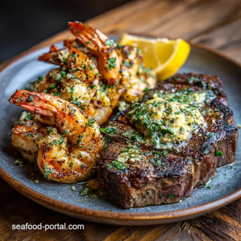 Perfectly seared steak and juicy shrimp artfully arranged on a plate, drizzled with garlic sauce and garnished with bright...