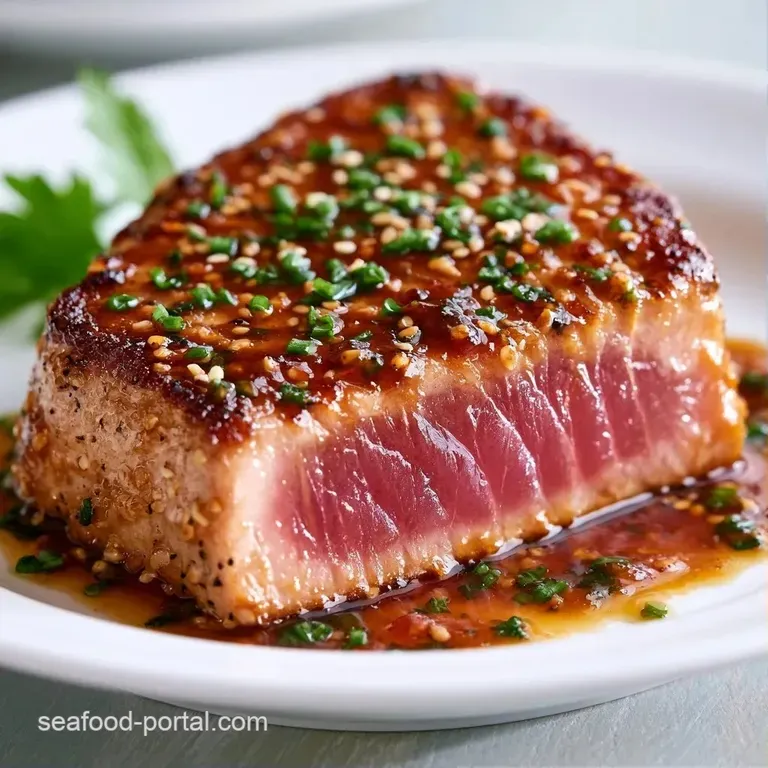 Sliced tuna steak fanned over rice, with glossy soy glaze, green scallions, sesame seeds, and ginger curls